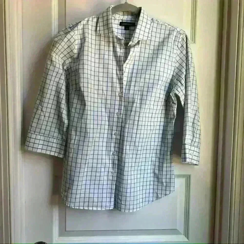 Lands End blue Checked 3/4 sleeve button down Size S Small